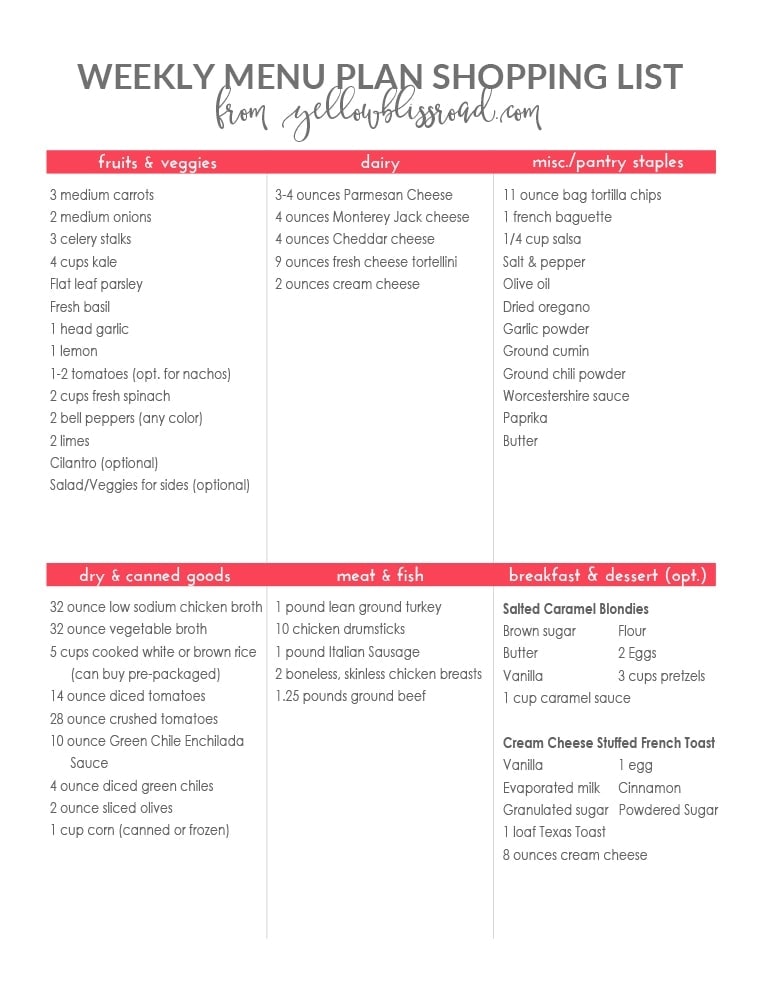 Weekly Menu Plan #1 - Yellow Bliss Road