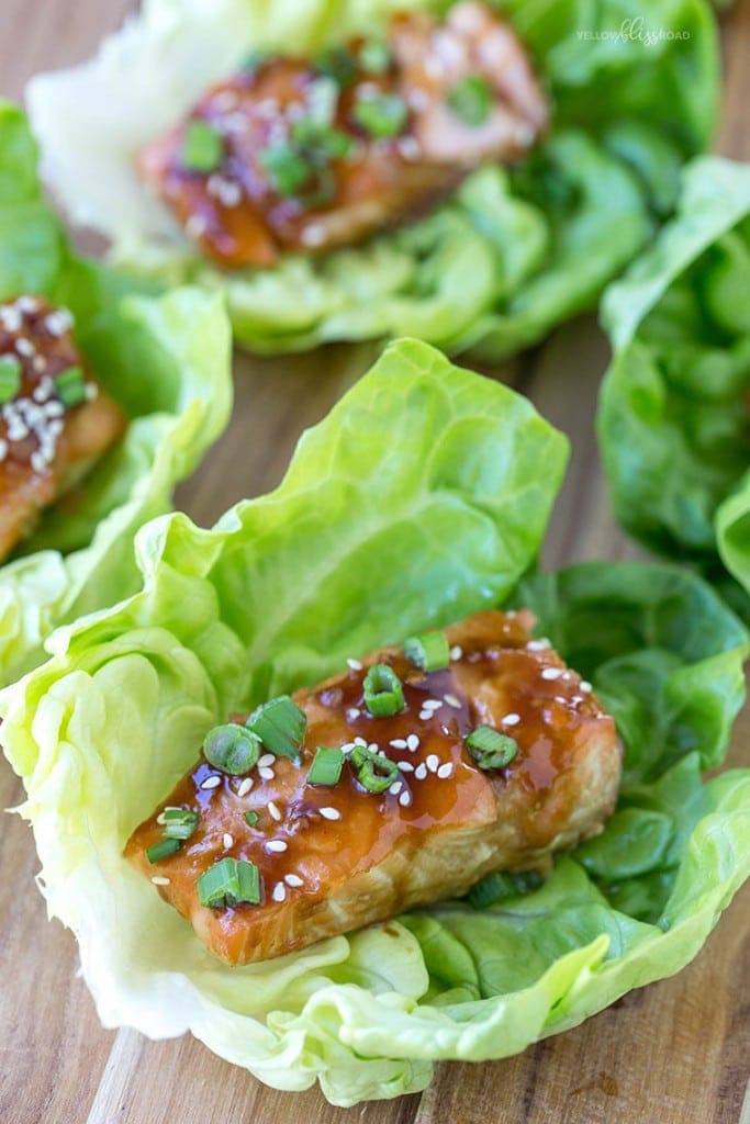 Baked Teriyaki Salmon Lettuce Wraps with a Creamy Ginger Soy Sauce