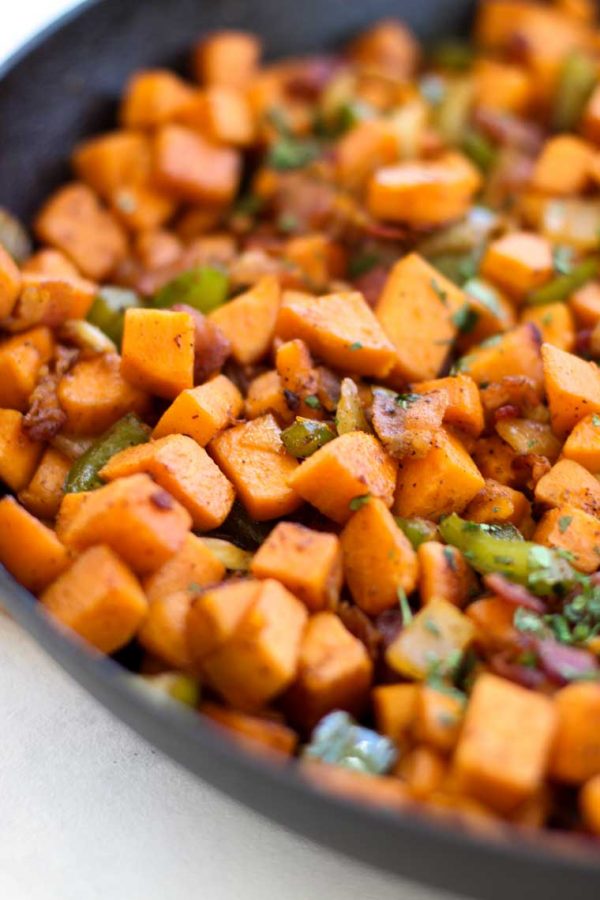 Sweet Potato and Bacon Hash with Peppers and Onions