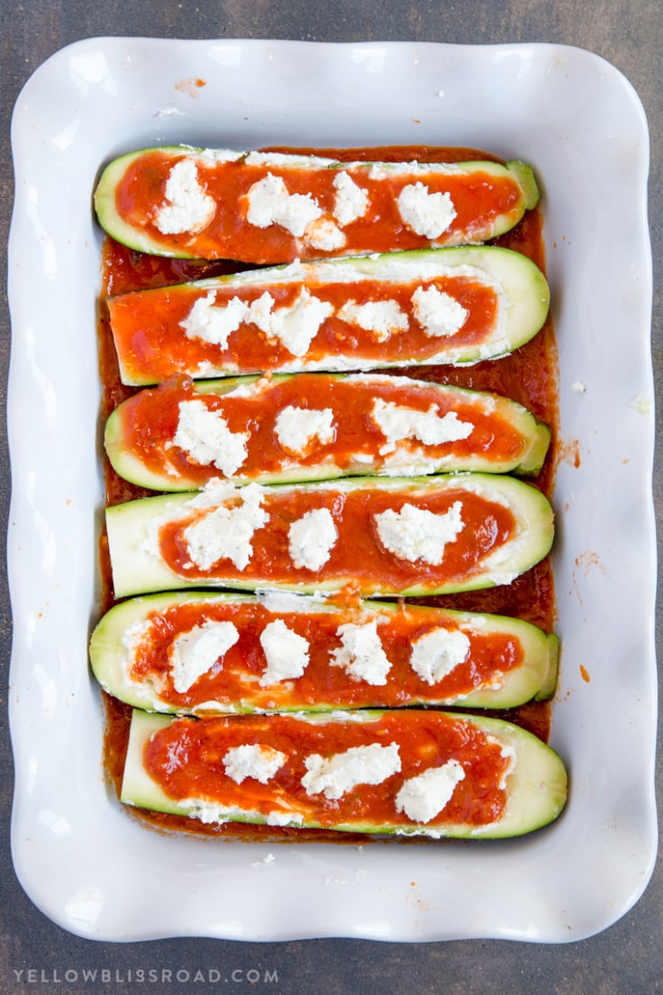 Stuffed Zucchini Boats with Goat Cheese and Marinara