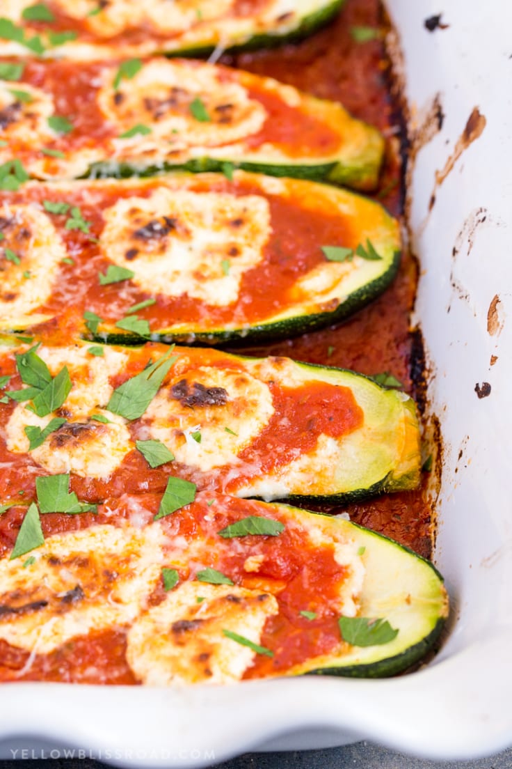 Stuffed Zucchini Boats with Goat Cheese and Marinara