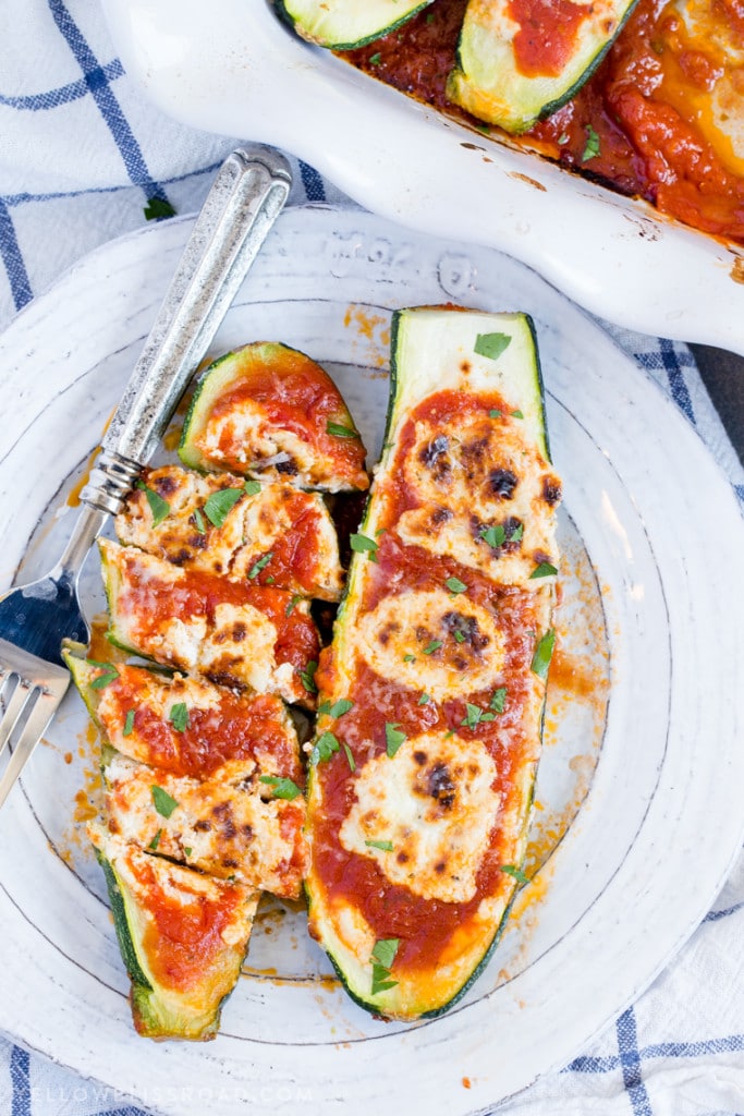 Stuffed Zucchini Boats with Goat Cheese and Marinara