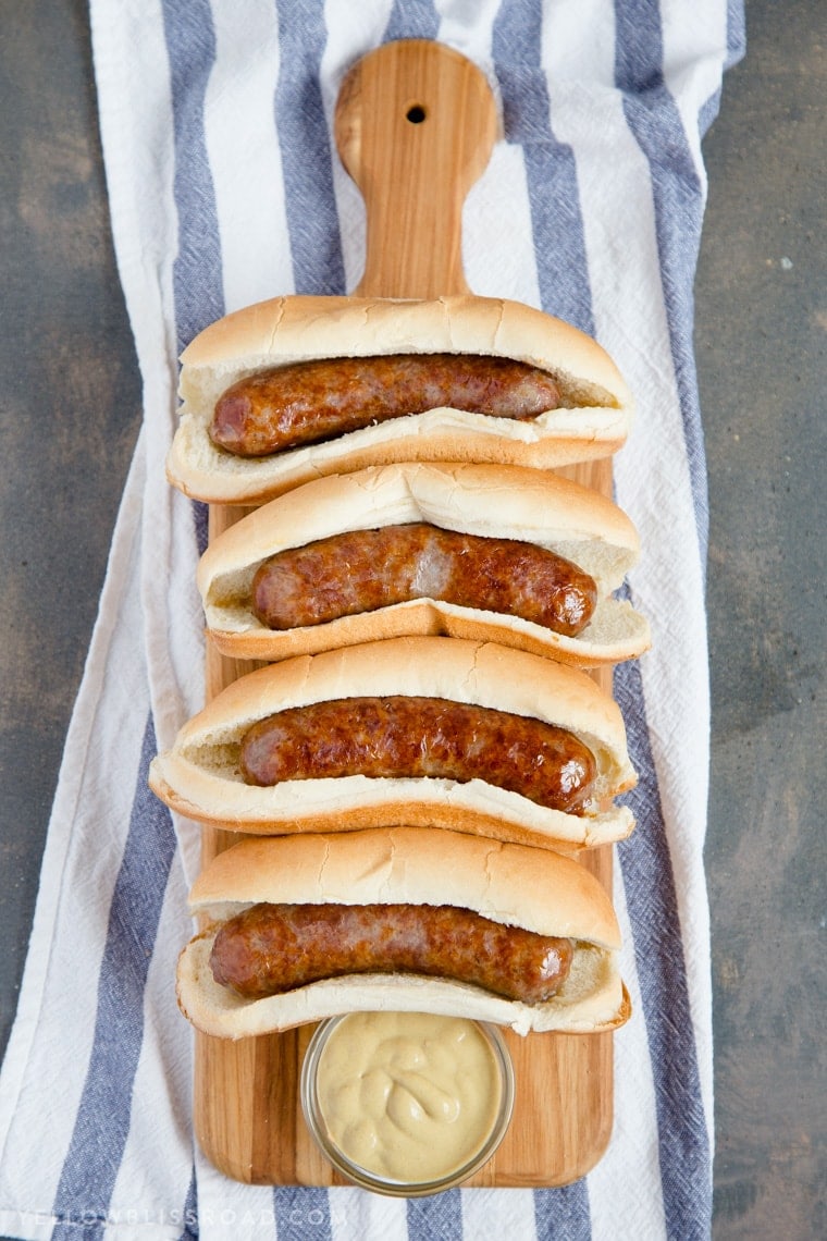 Red, White and Blue Cheese Potato Salad with Grilled Sausages