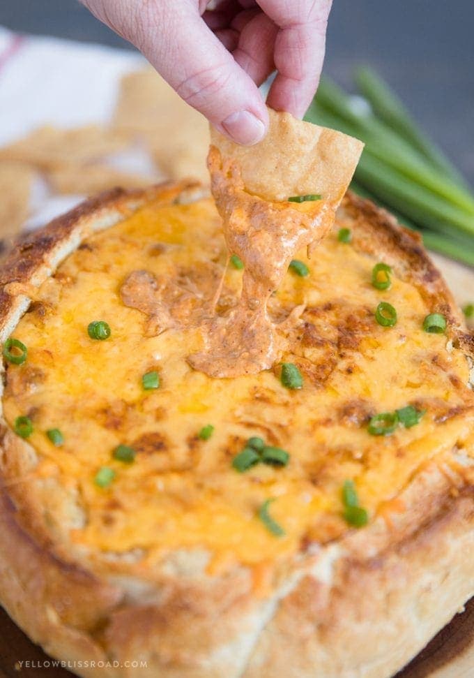 Easy Chili Cheese Dip in a Bread Bowl Game Day Eats