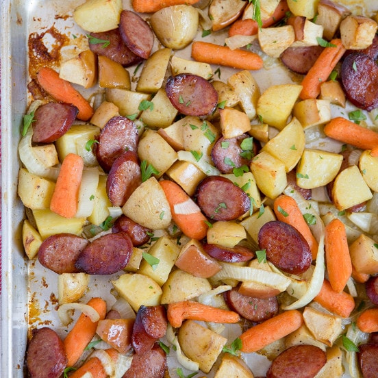 Smoked Sausage & Apples Sheet Pan Dinner