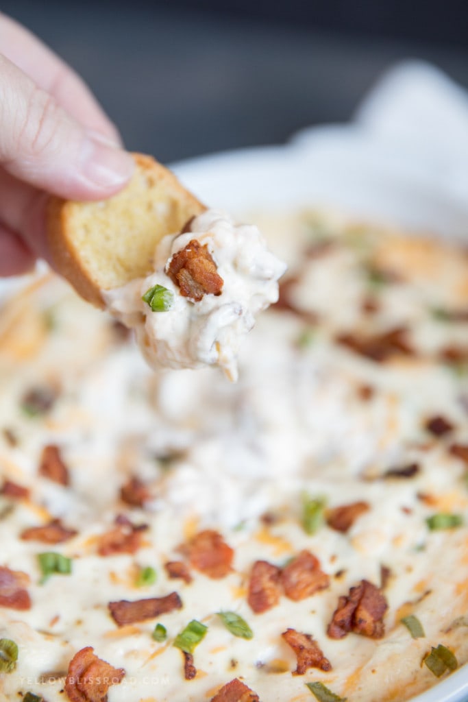 Ooey Gooey Cheesy Hot Bacon Dip served with Crostini