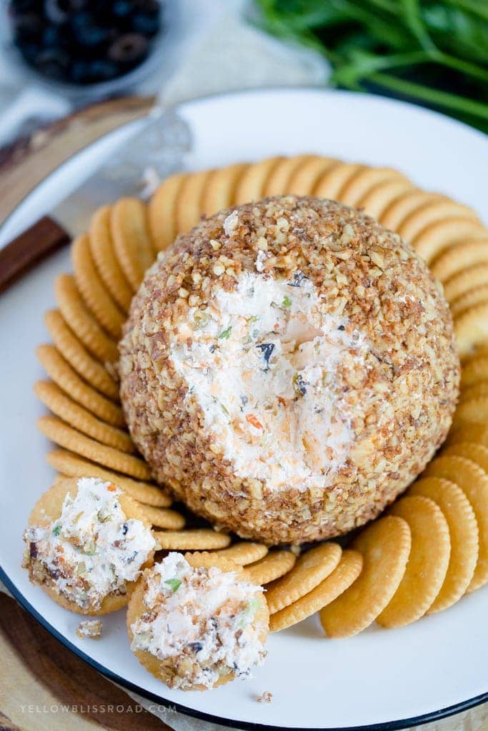 Olive Cheese Ball with Parmesan Toasted Walnuts