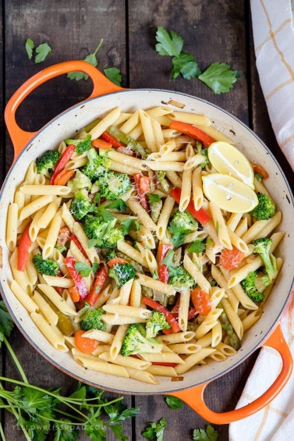 Penne Pasta Primavera With Fresh Vegetables Lemon And Parmesan