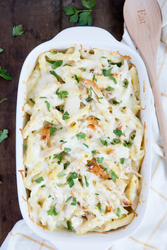 Chicken Alfredo Baked Ziti Recipe with Traditional or Lighter Alfredo Sauce