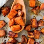 A close up of roasted sweet potatoes