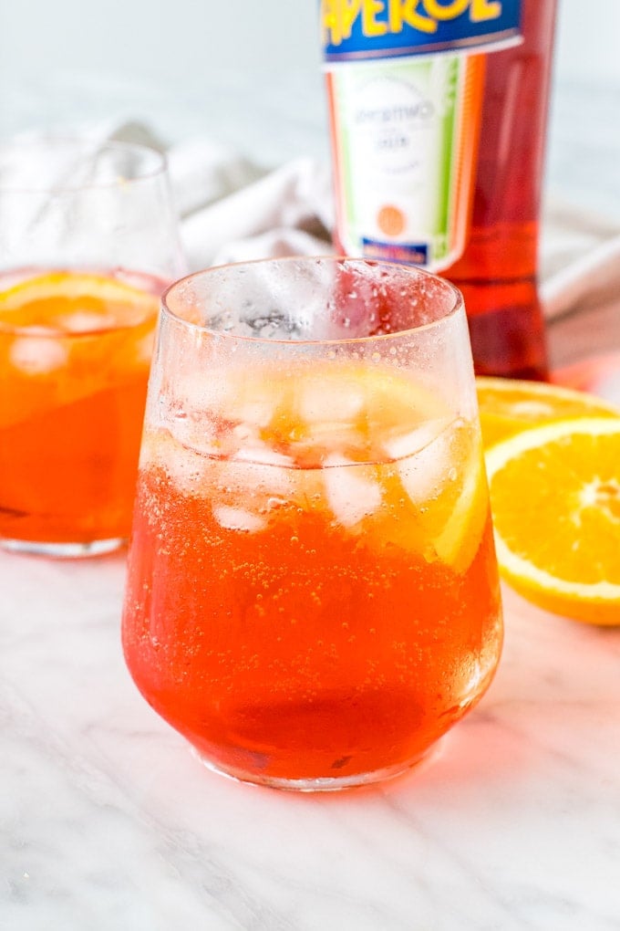 Aperol spritz cocktails made with prosecco, Aperol and soda water. 