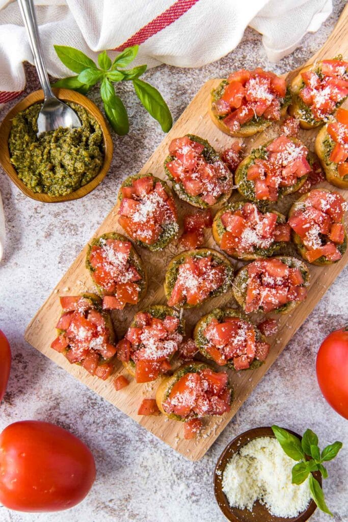 Easy Pesto Bruschetta Appetizer Recipe | YellowBlissRoad.com