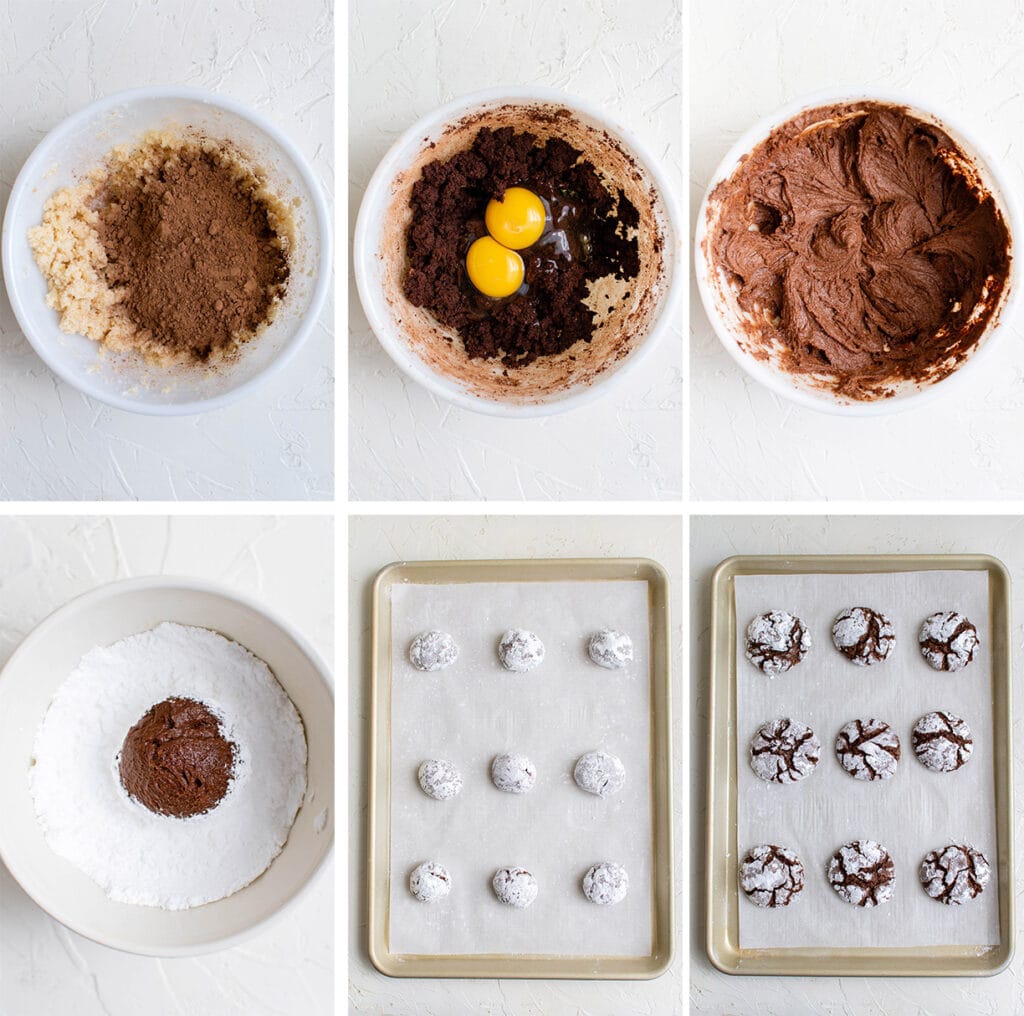 Collage showing steps to making chocolate crinkle cookies.