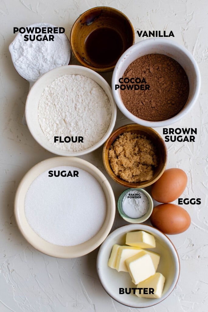 Ingredients for chocolate crinkle cookies.