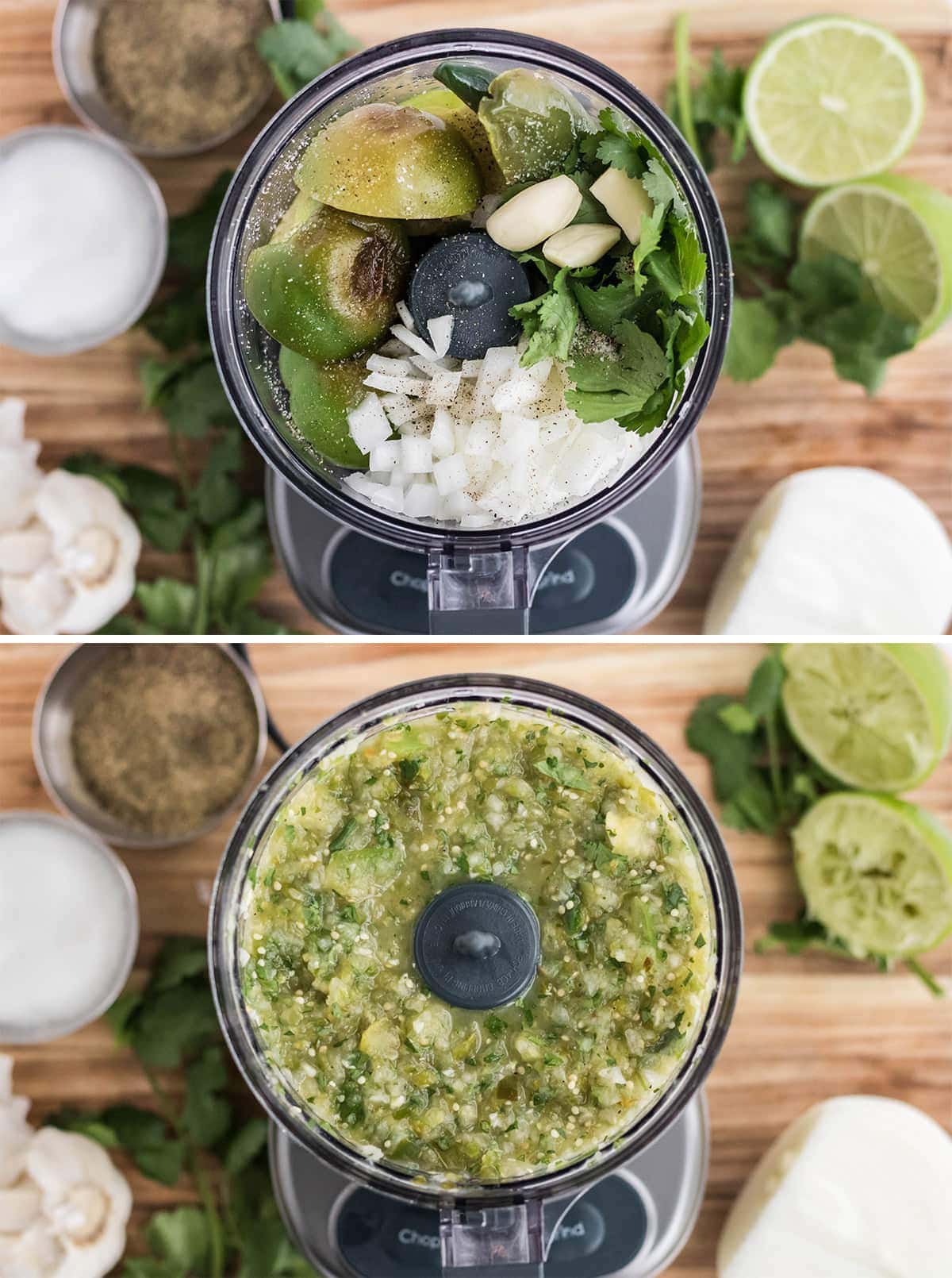collage of food processor with ingredients for tomatillo salsa verde