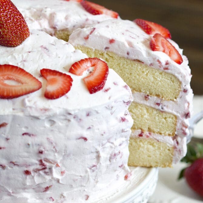 Fresh Strawberry Cake Recipe with Strawberry Whipped Cream Frosting