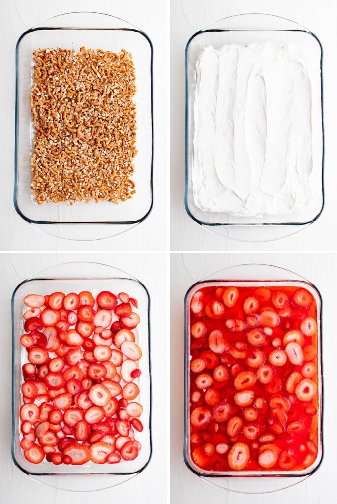 collage of images showing steps to make strawberry pretzel salad