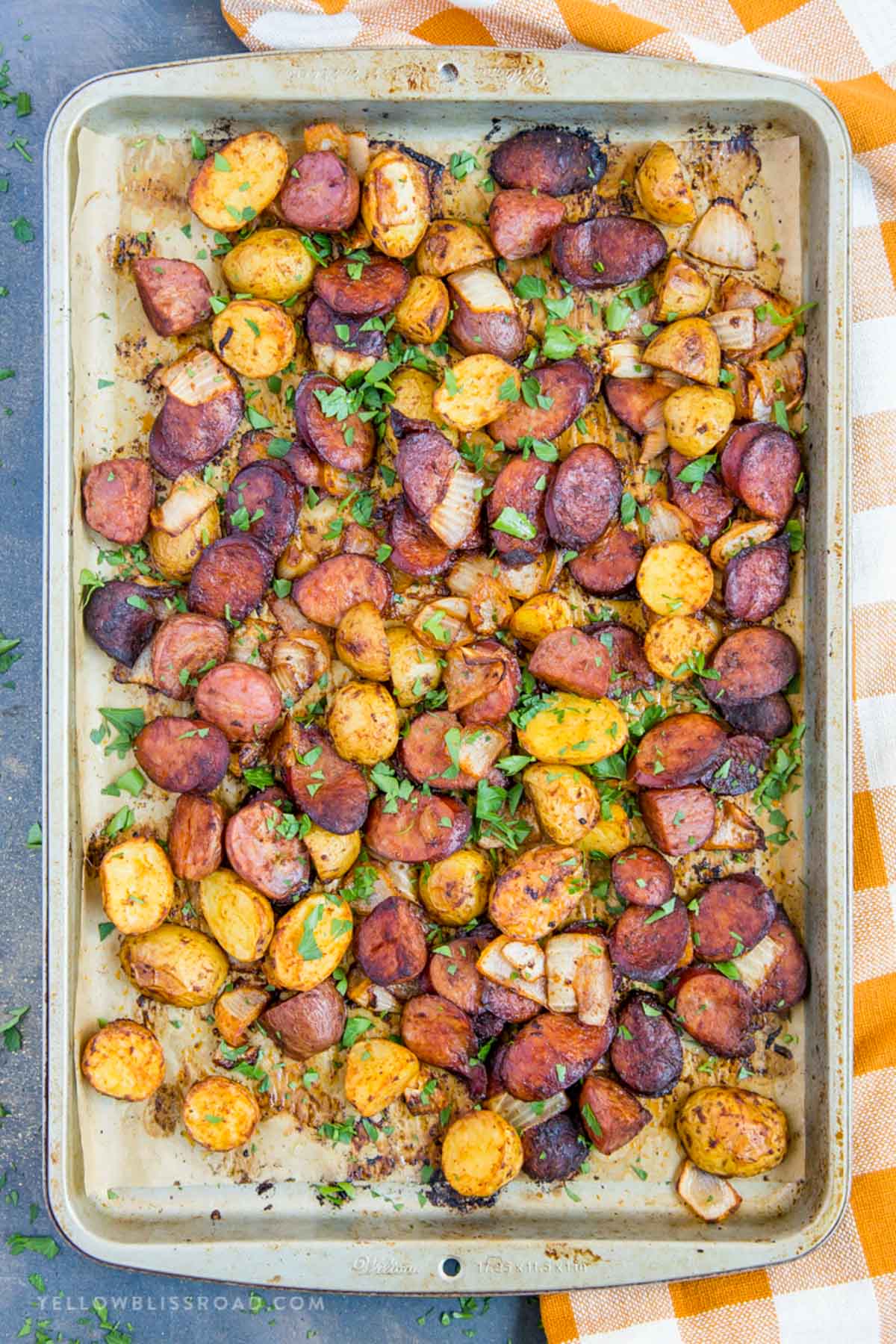 Sheet Pan Sausage, Peppers, Onions, and Potatoes - Plowing Through Life