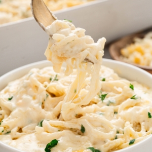 Spaghetti with cheese twirled on a fork.