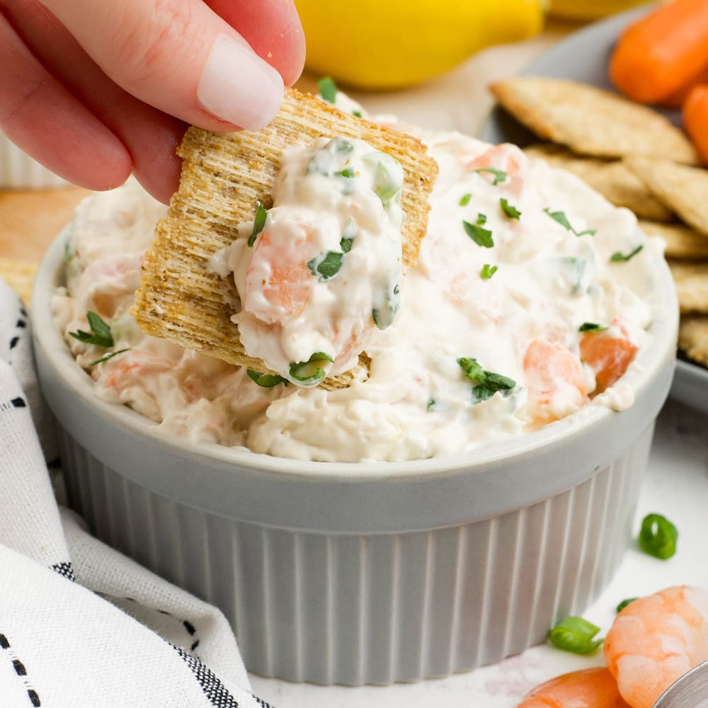 Celery and onion dip with prawn crackers