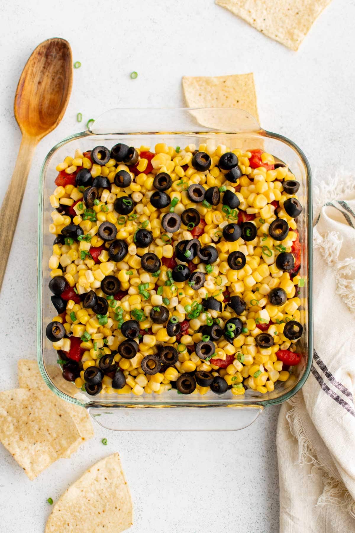 Southwest Dip with corn, black olives and black beans.
