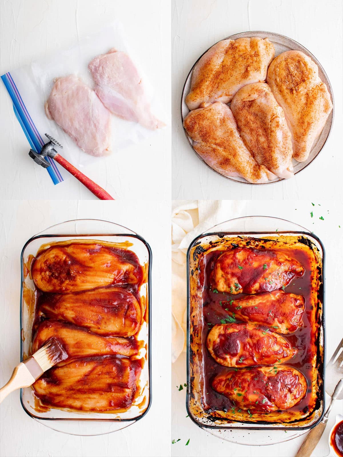 collage of images depicting the steps for making bbq chicken breasts.
