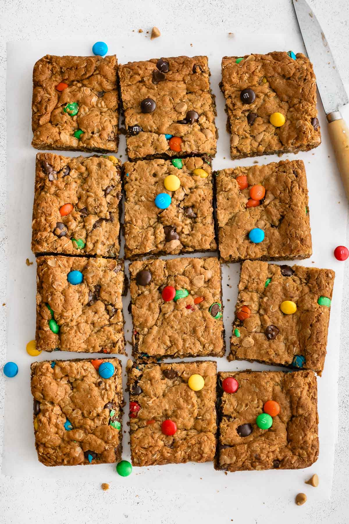 monster cookie bars cut into squares.