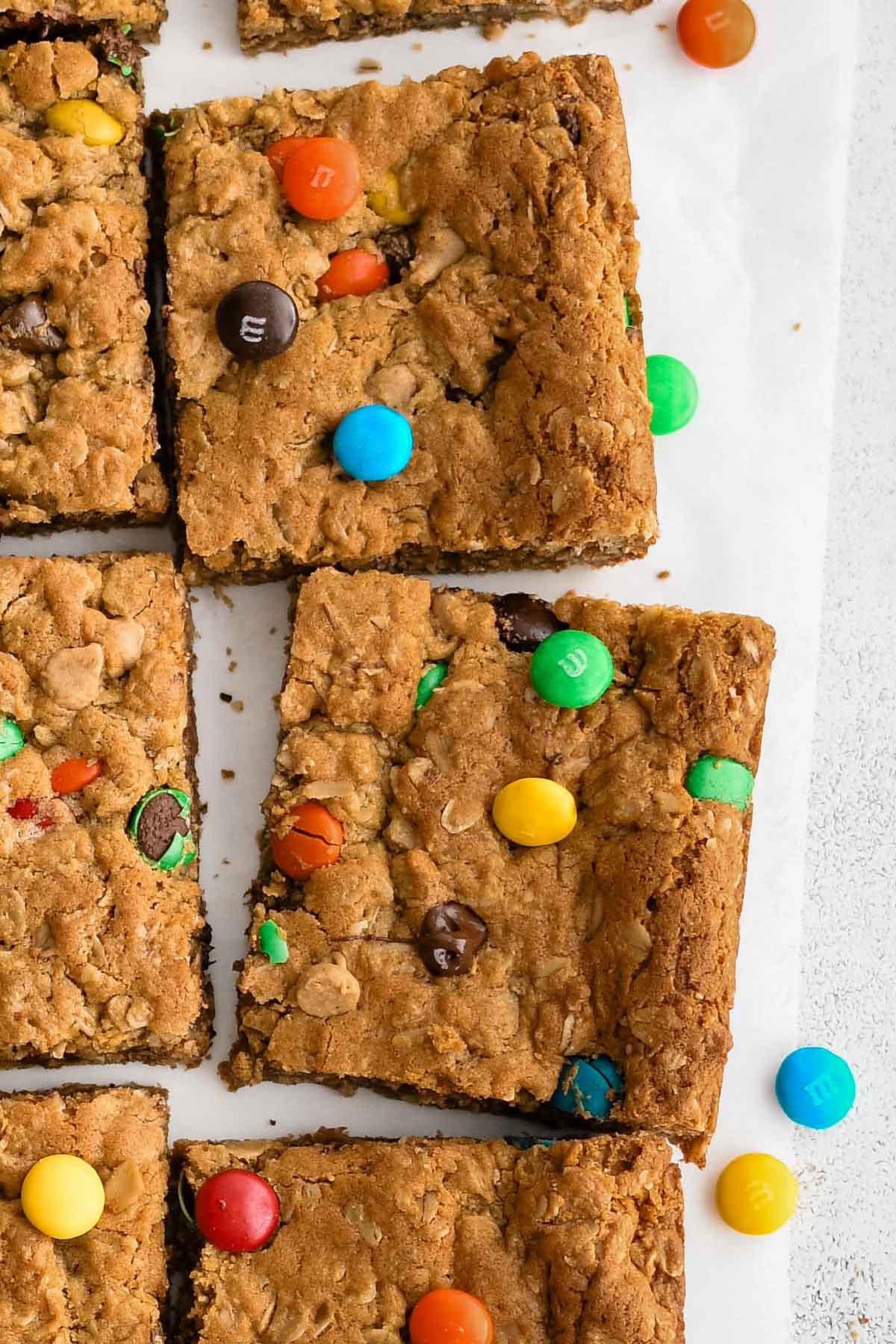 Close up of Monster cookie bars, sliced.