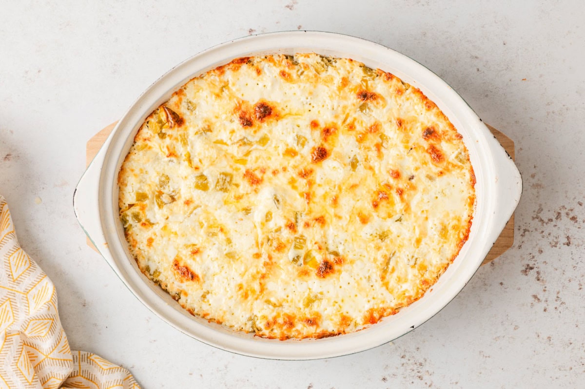 Queso blanco dip baked with golden brown spots on top