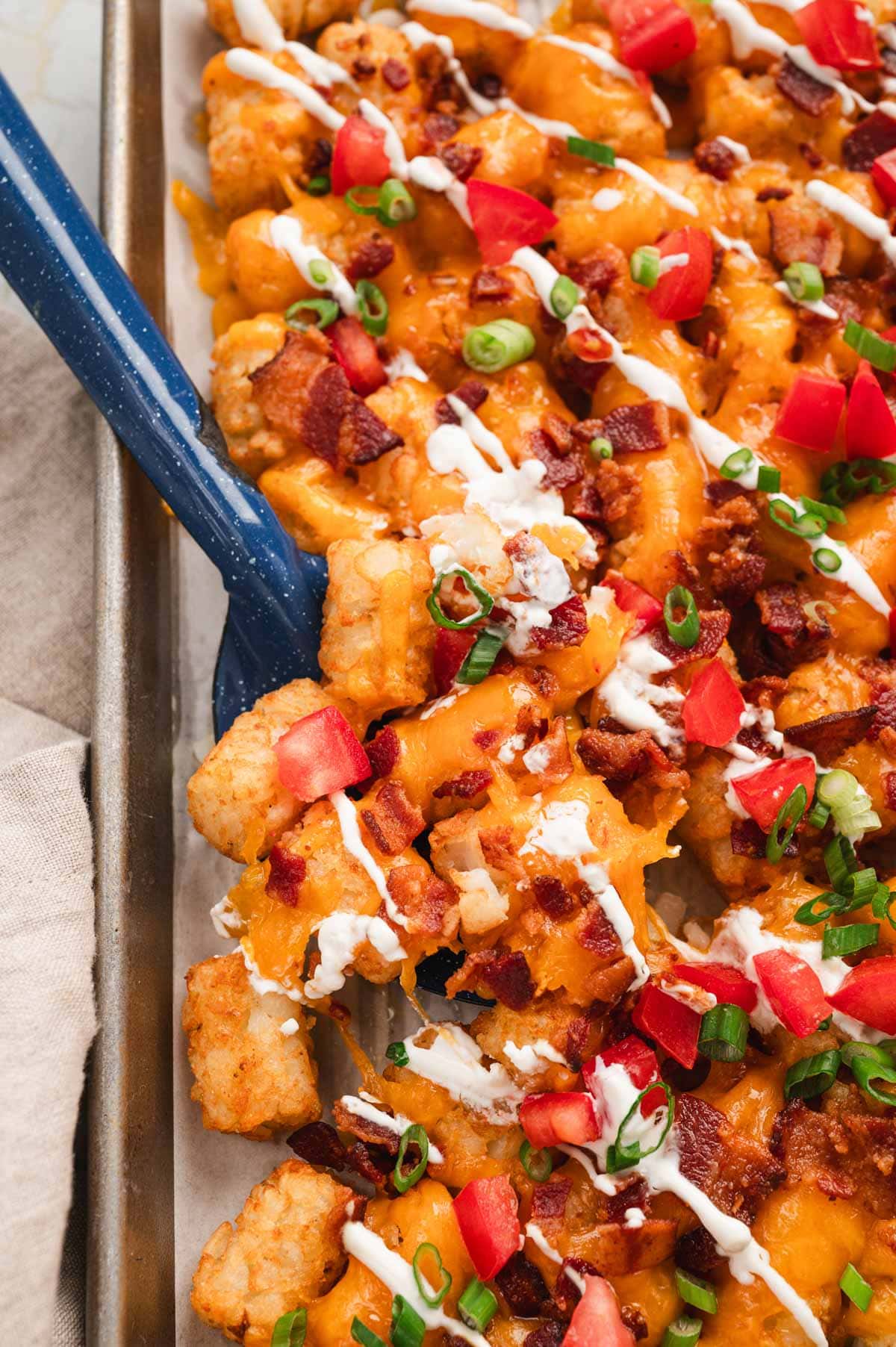 Pan of tater tots with melted cheese, bacon, green onions and sour cream.