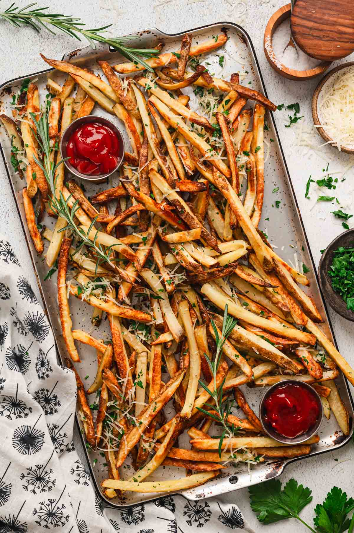 Sheet pan of french fries.