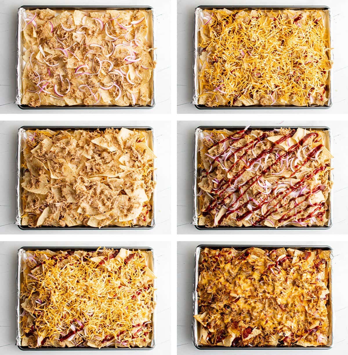 Collage of images that show how to make pulled pork nachos. 