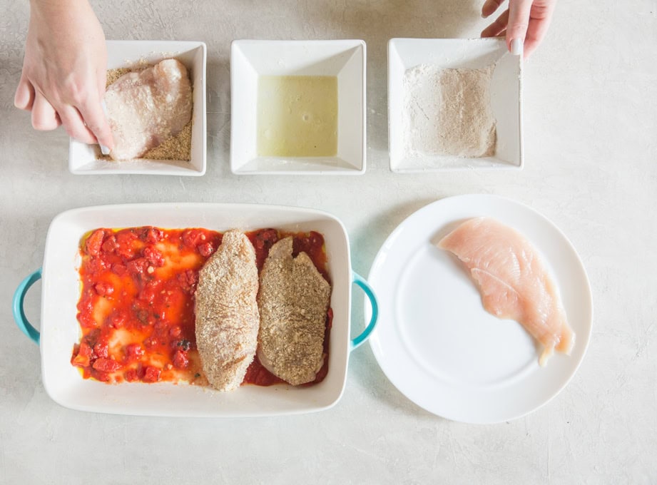 Breading station for chicken parmesan.