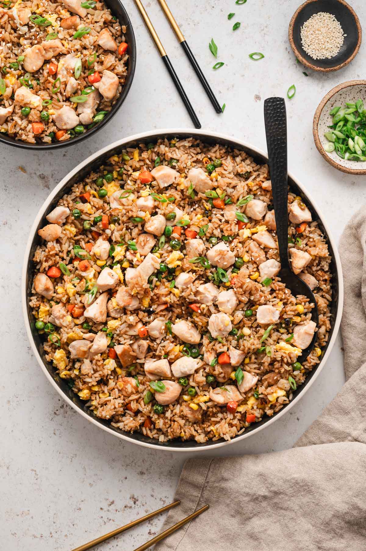 chicken fried rice in a larage serving platter.