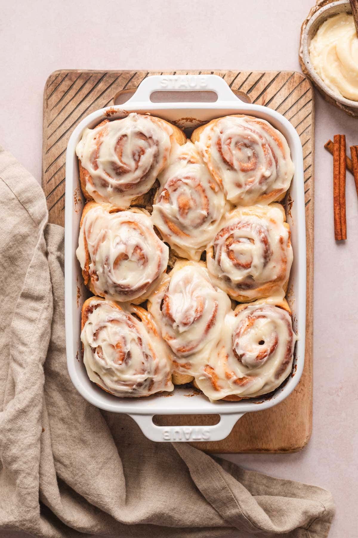 Baking dish of cinnamon rolls.