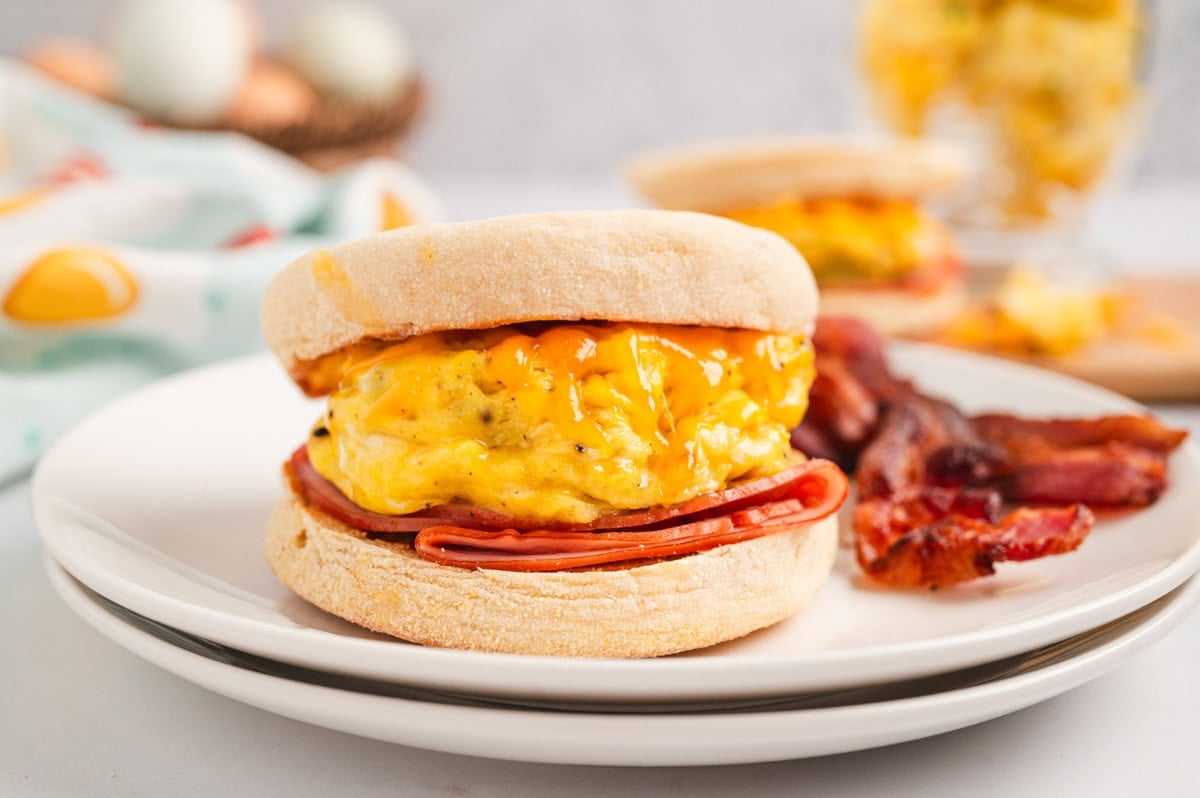 Egg sandwich with english muffin and ham.