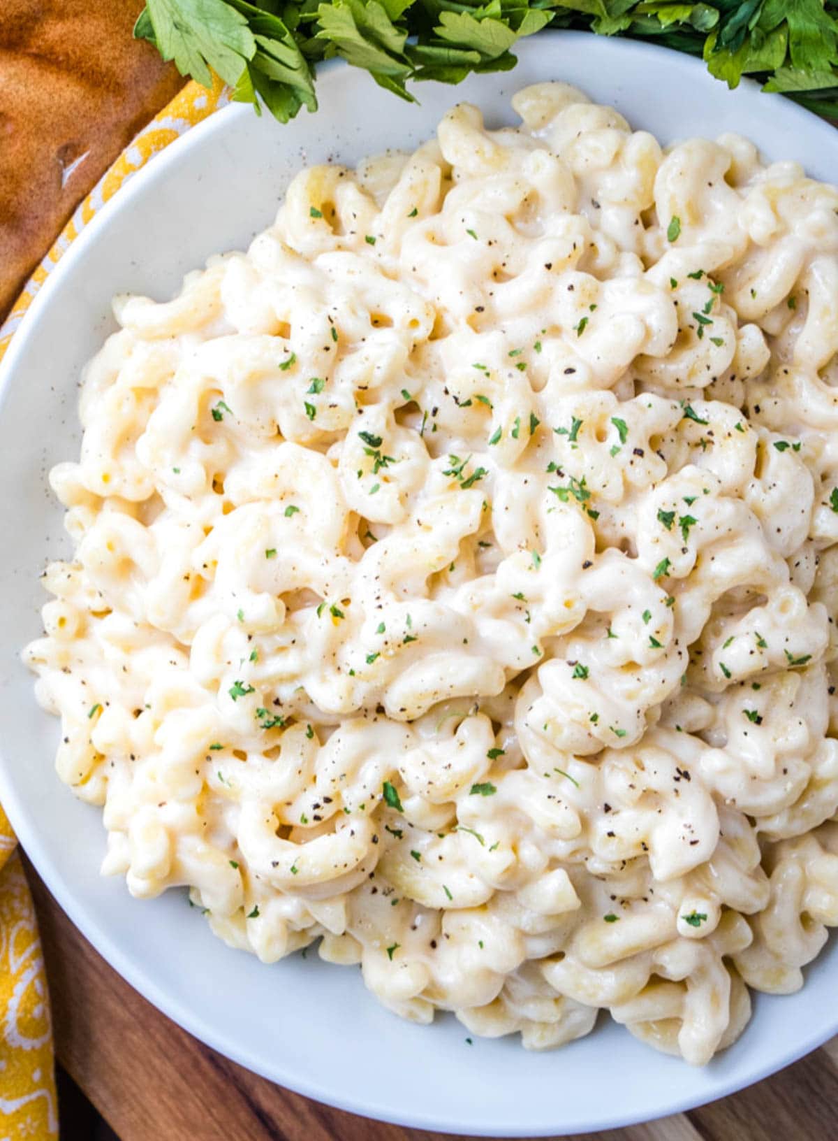 Macaroni and cheese on a white plate.