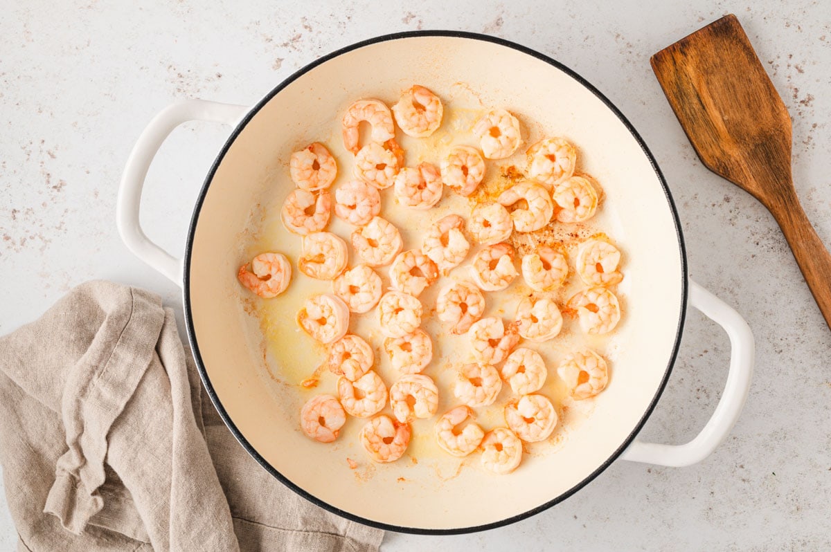 Shrimp in a large skillet.