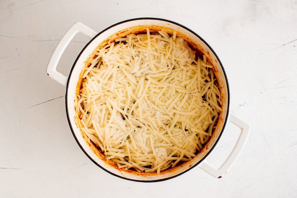 Mozzarella cheese shredded on top of lasagna in a large pot.