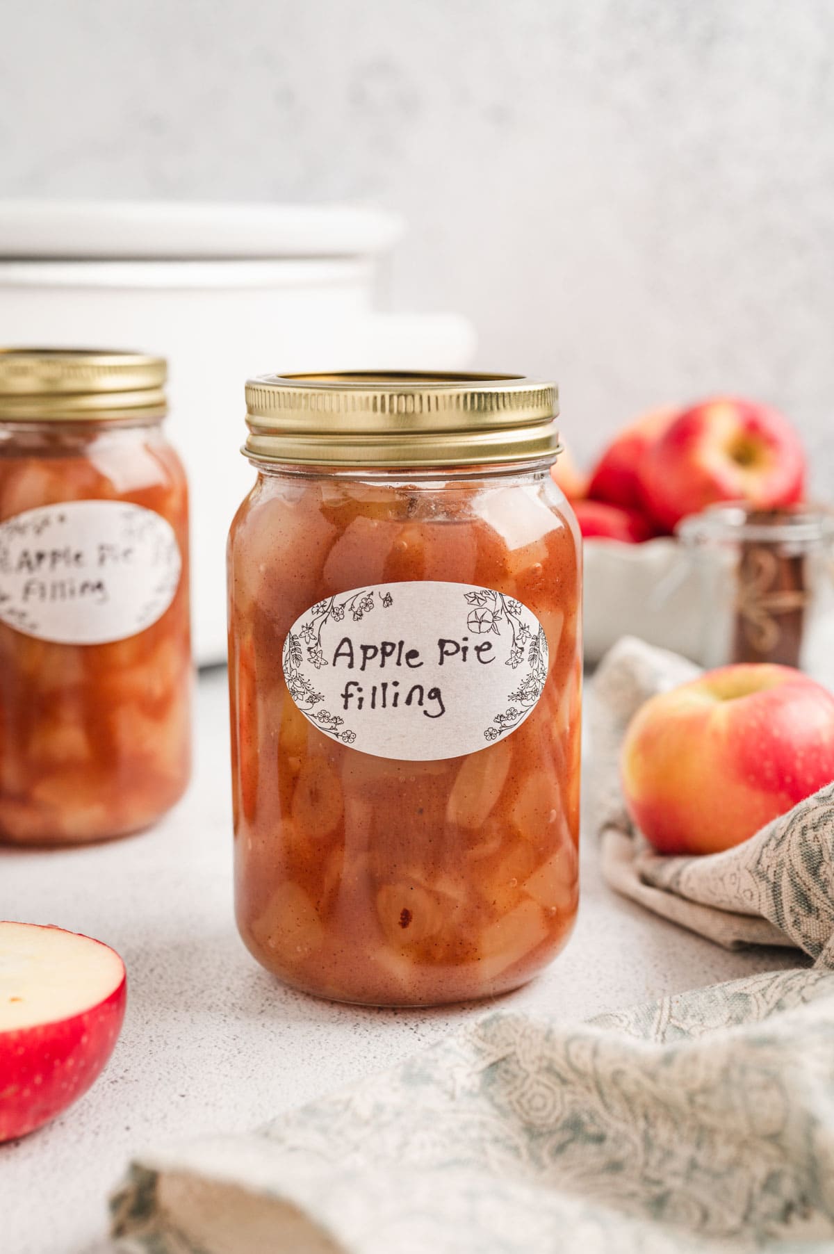 Mason jar with apple pie filling. 