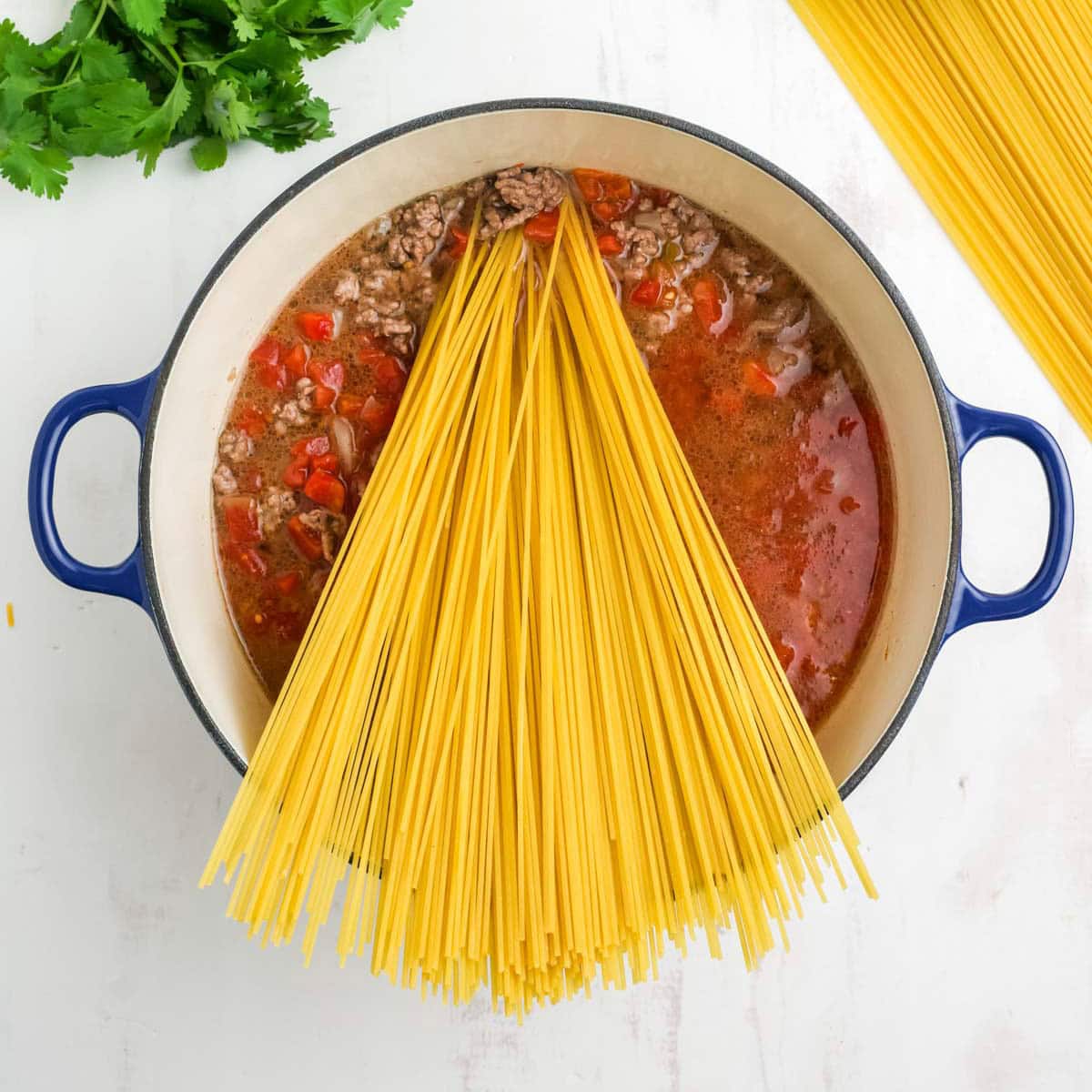 Ground beed and onions in a red sauce with uncooked spaghetti.