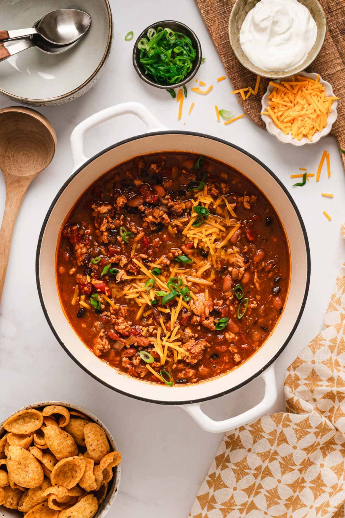 turkey chili in a large white pot