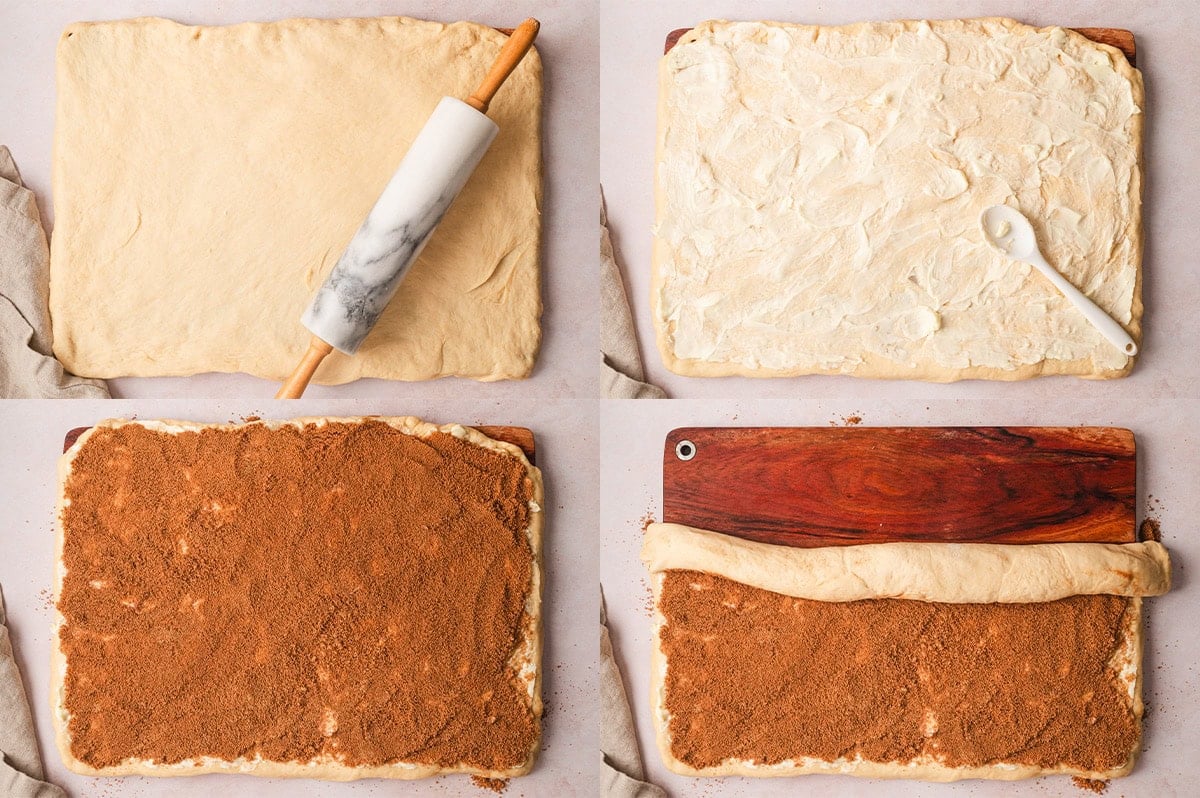 Collage of images showing rolled out dough with butter, cinnamon and brown sugar.