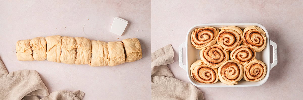 Rolled dough, sliced into sections and placed in a baking dish.