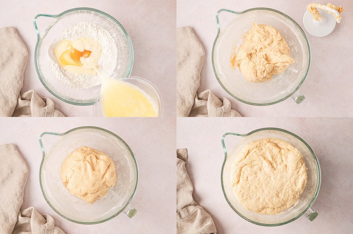 Image collage showing the steps for making dough for cinnamon rolls. 