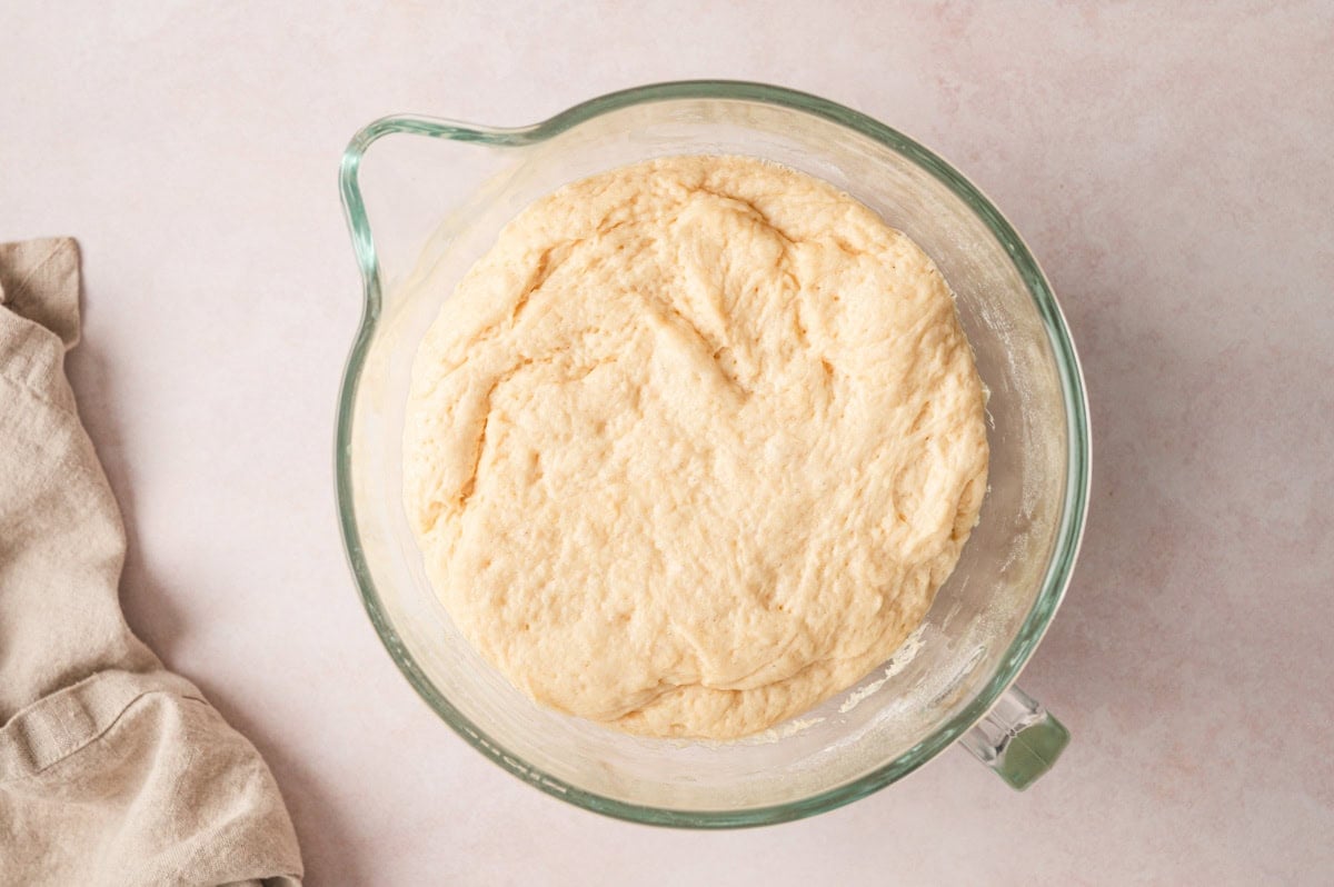 Dough rising in a stand mixer.