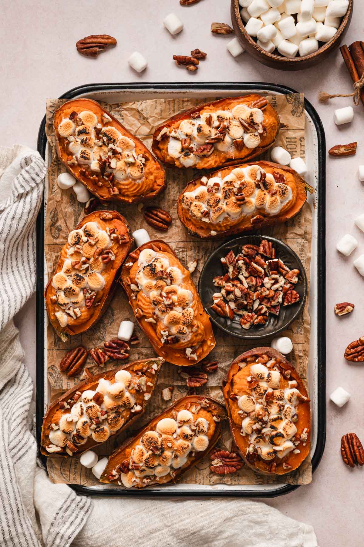 Twice baked sweet potatoes on a sheet pan.