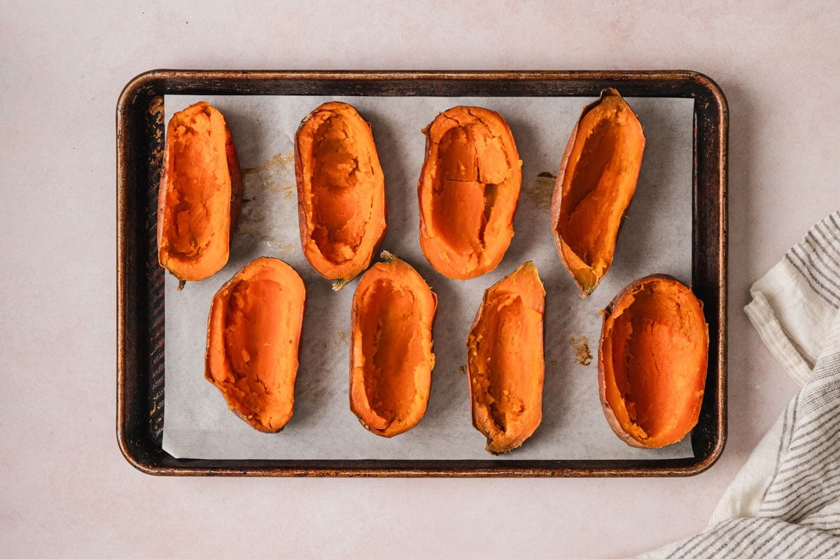 Halves of sweet potatoes with the flash removed.