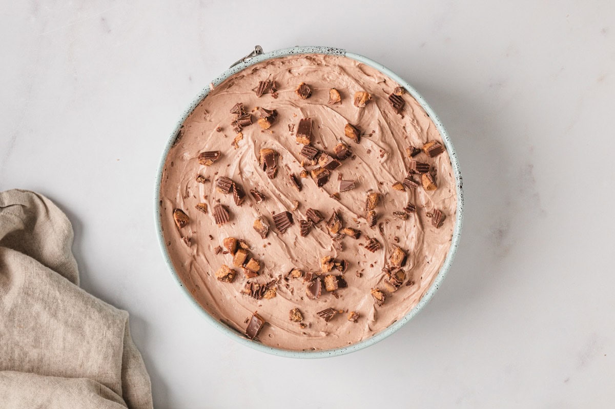 chocolate cheesecake with chopped peanut butter cups.